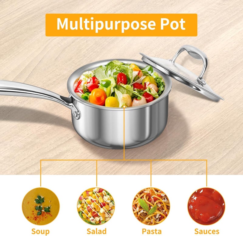 MACEVIA Sauce Pan with Glass Lid, 18/10 Stainless Steel Pot with Stay-Cool Handle, For All Stoves Multipurpose Use for Home Kitchen or Restaurant（1 Quart）- Silver - Image 5