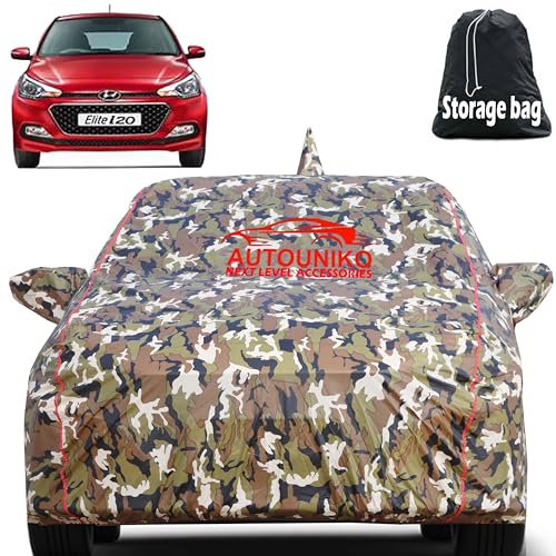 AUTOUNIKO Waterproof Car Body Cover for Hyundai Elite i20 with Mirror and Antenna Pocket and Soft Cotton Lining (Full Bottom Elastic Triple Stitched) (Jungle Print with Red Piping) - Image 1