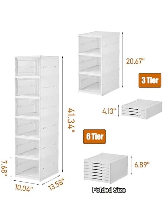 TRASSLE Drop Front Shoe Storage Box, No Assembly Stackable Shoe Organizer Storage Bin with Clear Door, Free Standing Shoe Shelf Cabinet with Lid, Plastic Shoe Rack for Closet Entryway, 6-Tier, White  - Image 2