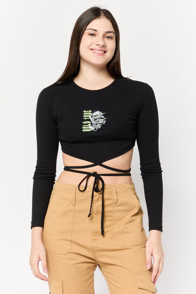 DeFacto Women Crew Neck Long Sleeve Graphic Print Top, Black - Image 1