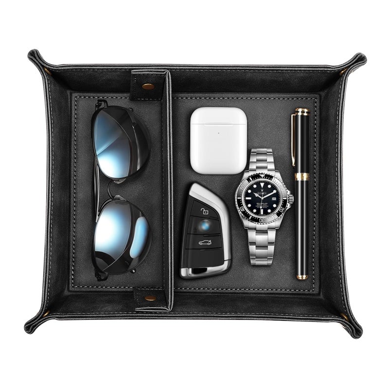 SITHON Valet Tray Desktop Storage Organizer Removable 2 Compartments Catchall Tray Bedside Vanity Nightstand Caddy Holder Desk Storage Plate Black