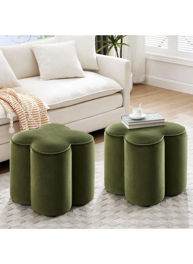 Flower Pouf Ottomans Foot Rest Set of 2, Velvet Fabric Poofy Ottomans Footstool for Sofa Couch, Modern Living Room Stool Seats for Hallway, Cute Square Vanity Stools for Bedroom Dorm, Green - Image 1
