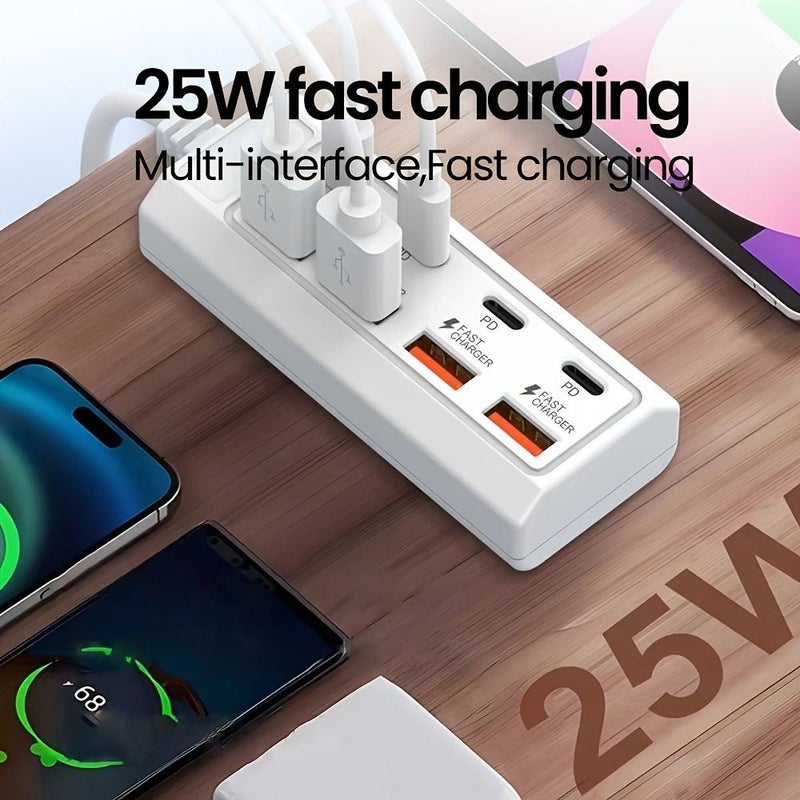 White 8 In 1 25w Fast Charging Wall Hub With 4a And 4c Pd Ports Supports Simultaneous Charging For Tablets And Laptops Compact And Stable Design For Office Use - Image 1