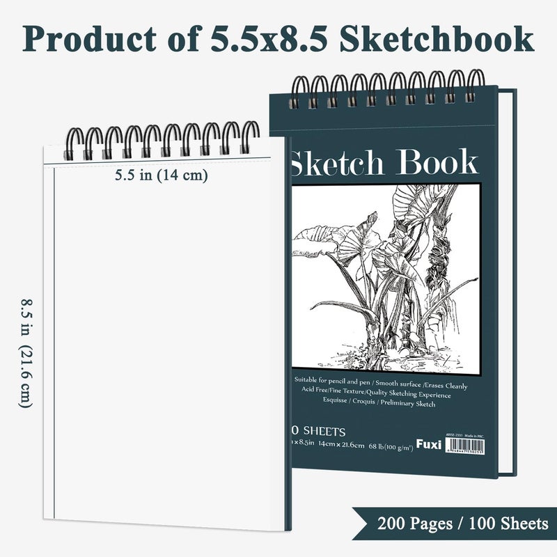 Fuxi Small Sketchbook 5.5" x 8.5" - 2 Pack Top Spiral Mini Sketch Pad, Small Sketch Book Hard Cover, 100 Sheets Each 68lb/100gsm - Mini Drawing Paper for Kids, Portable Drawing Pad for Beginners & Artists. - Image 2