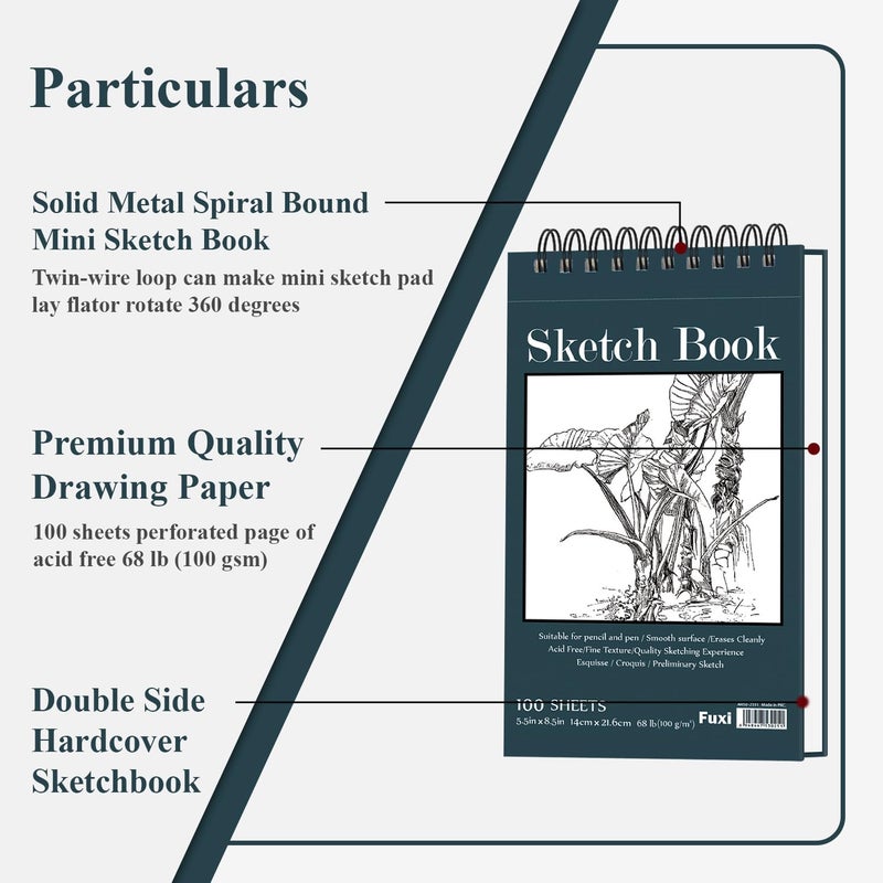 Fuxi Small Sketchbook 5.5" x 8.5" - 2 Pack Top Spiral Mini Sketch Pad, Small Sketch Book Hard Cover, 100 Sheets Each 68lb/100gsm - Mini Drawing Paper for Kids, Portable Drawing Pad for Beginners & Artists. - Image 3