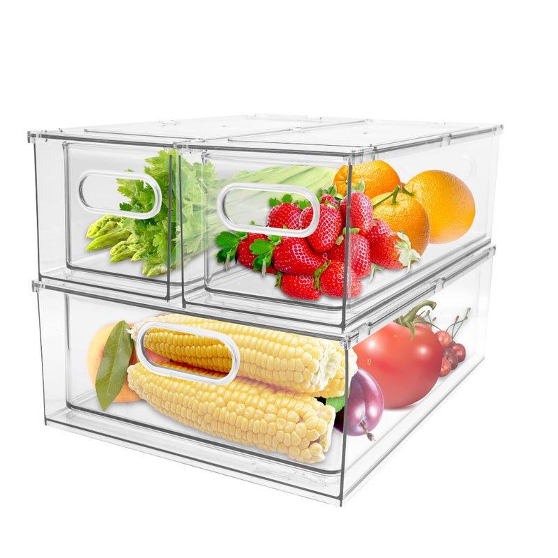 3 Pack Refrigerator Organizer Bins with Pullout Drawer Stackable Clear Fridge Drawer Organizer Fruit Vegetable Storage Containers for Kitchen Pantry Organization 1 Large2 Small