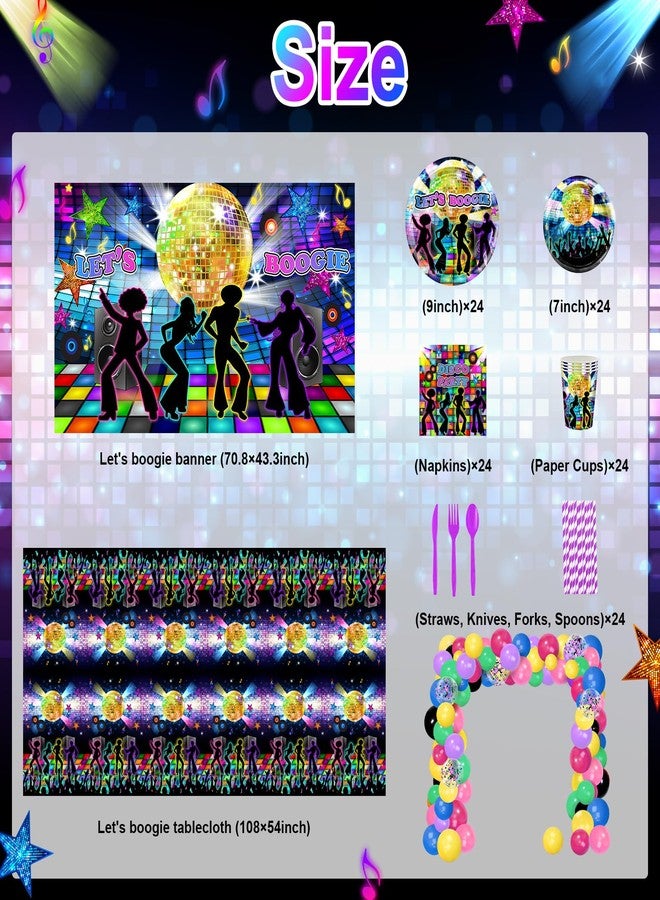 Lecheme 70s Party Decorations 280 PCS 1970s Disco Party Decorations Let's Boogie Backdrop Disco Balloons Plates Napkins Cups Tablecloth 70's Party Supplies - Image 2