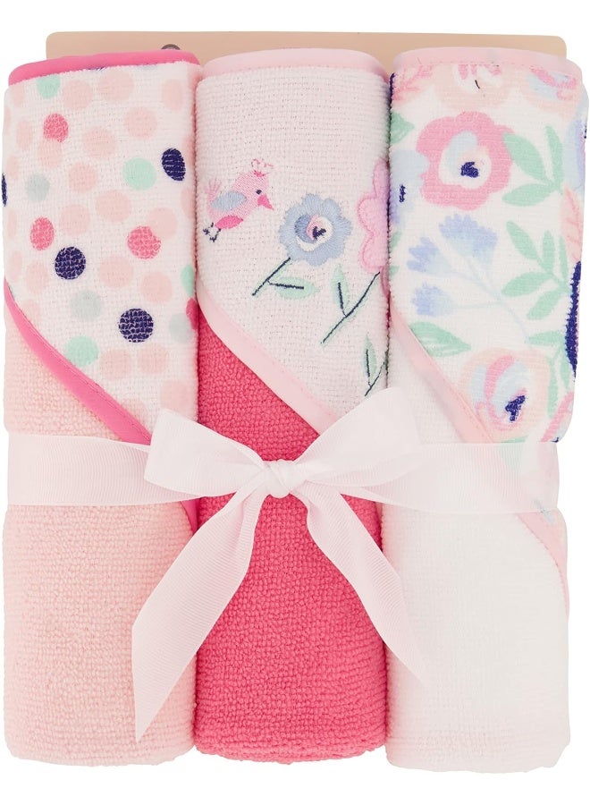 Cudlie Buttons & Stitches Baby Girl 3 Pack Rolled/Carded Hooded Towels In Blooms & Dots Print - Image 2