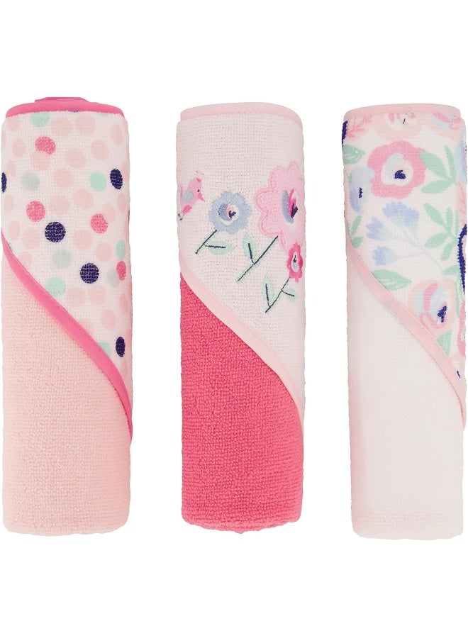 Cudlie Buttons & Stitches Baby Girl 3 Pack Rolled/Carded Hooded Towels In Blooms & Dots Print - Image 1