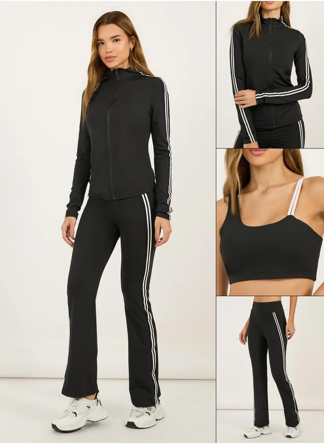 ستايلي Pack of 3 -Dual Contrast Piping Sports Bra, Thumbhole Detail Jacket & Flared Pants