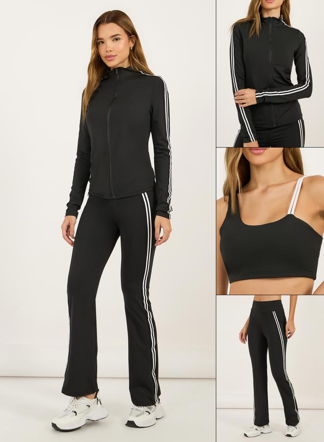 Styli Pack of 3 -Dual Contrast Piping Sports Bra, Thumbhole Detail Jacket & Flared Pants  - Image 1