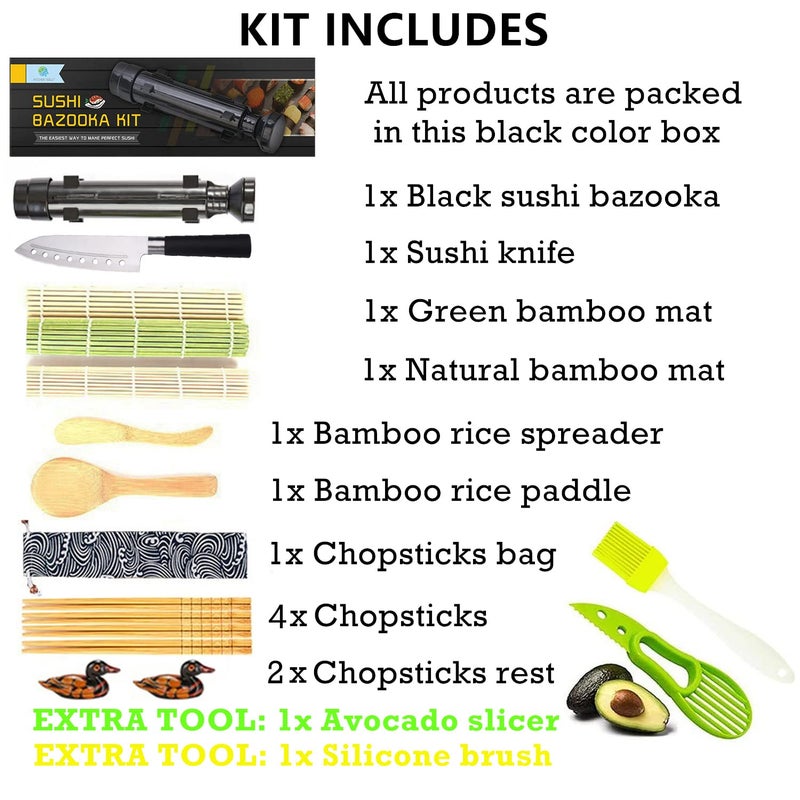 FUNGYAND Sushi Making Kit, All-in-One Bazooka Roller Set with Bamboo Mats, Avocado Slicer, Paddle, Knife, Chopstick & Holders, Cotton Bag - DIY Maki Roller Machine - Image 2