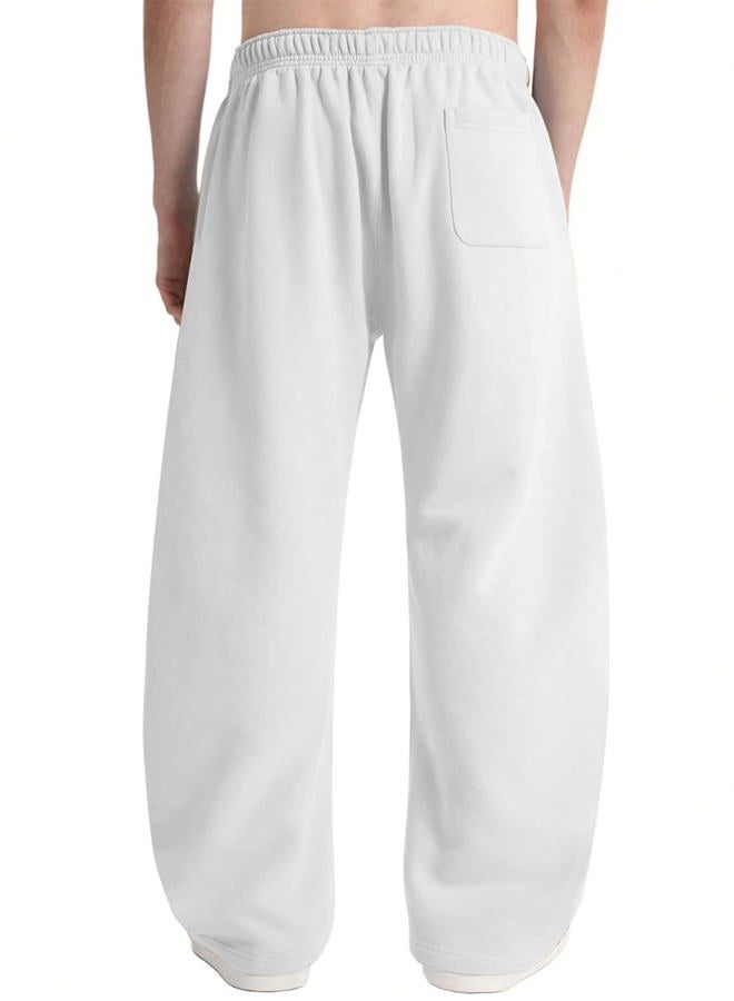 HeSaYep Men's Fleece Baggy Sweatpants Wide Leg Barrel Sweat Pants Lounge Athletic Gym Pants with Pockets, White, M - Image 2