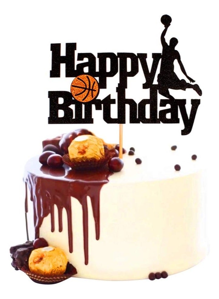 Basketball Cake Topper - Basketball Scene-Themed Cake Decoration for Man Boys Birthday Party - Black Glitter Fruit Picks - Event Supplies and Decorations - Image 1