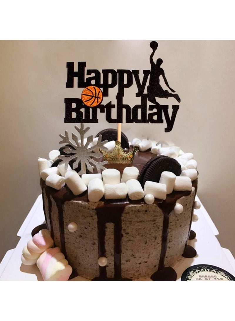 Basketball Cake Topper - Basketball Scene-Themed Cake Decoration for Man Boys Birthday Party - Black Glitter Fruit Picks - Event Supplies and Decorations - Image 2