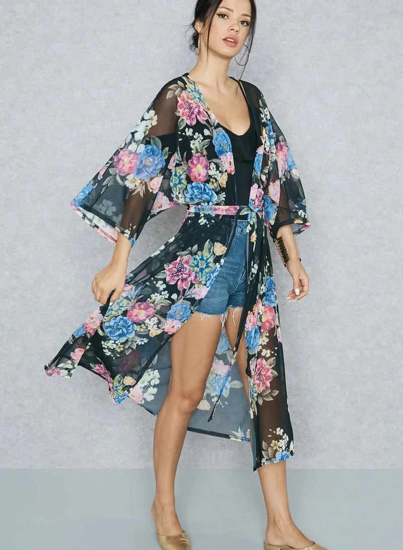 Ginger Floral Print Mesh Longline Kimono