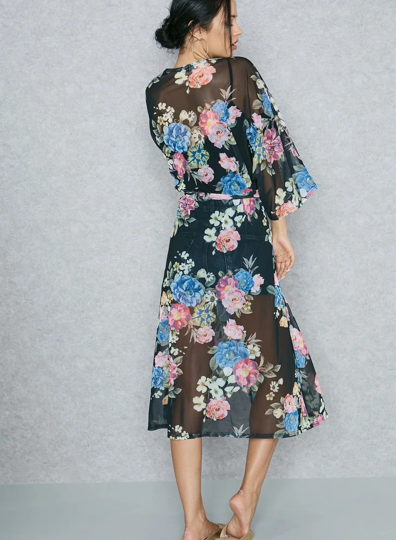 Ginger Floral Print Mesh Longline Kimono