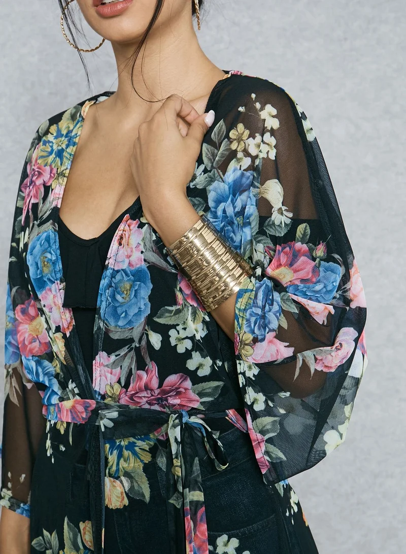 Ginger Floral Print Mesh Longline Kimono