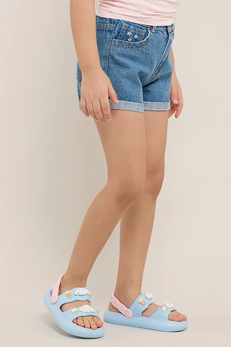 R&B Embroidery Denim Shorts with Button Closure