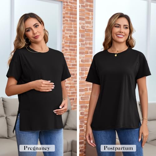 Ecavus Women's Oversized Nursing Shirts for Breastfeeding with Hidden Zipper Short Sleeves Side Splits Maternity Tops Black - Image 2