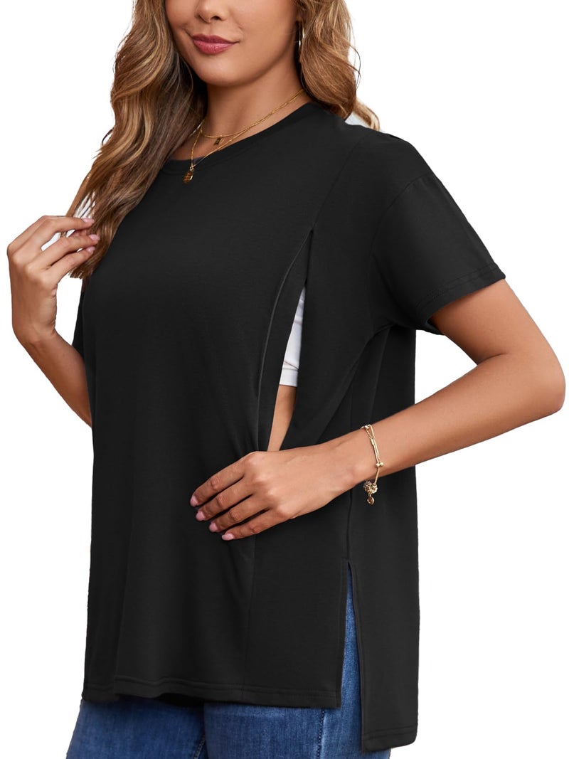 Ecavus Women's Oversized Nursing Shirts for Breastfeeding with Hidden Zipper Short Sleeves Side Splits Maternity Tops Black - Image 1