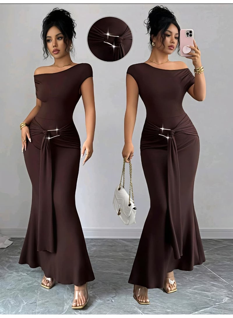 SHEIN  Minimalist Solid Color Asymmetric Collar Fitted Women Long Dresses - Image 1