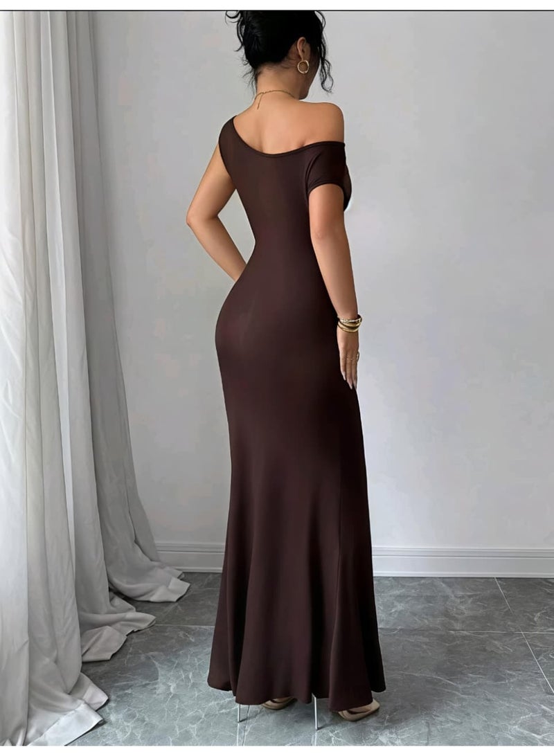 SHEIN  Minimalist Solid Color Asymmetric Collar Fitted Women Long Dresses - Image 3