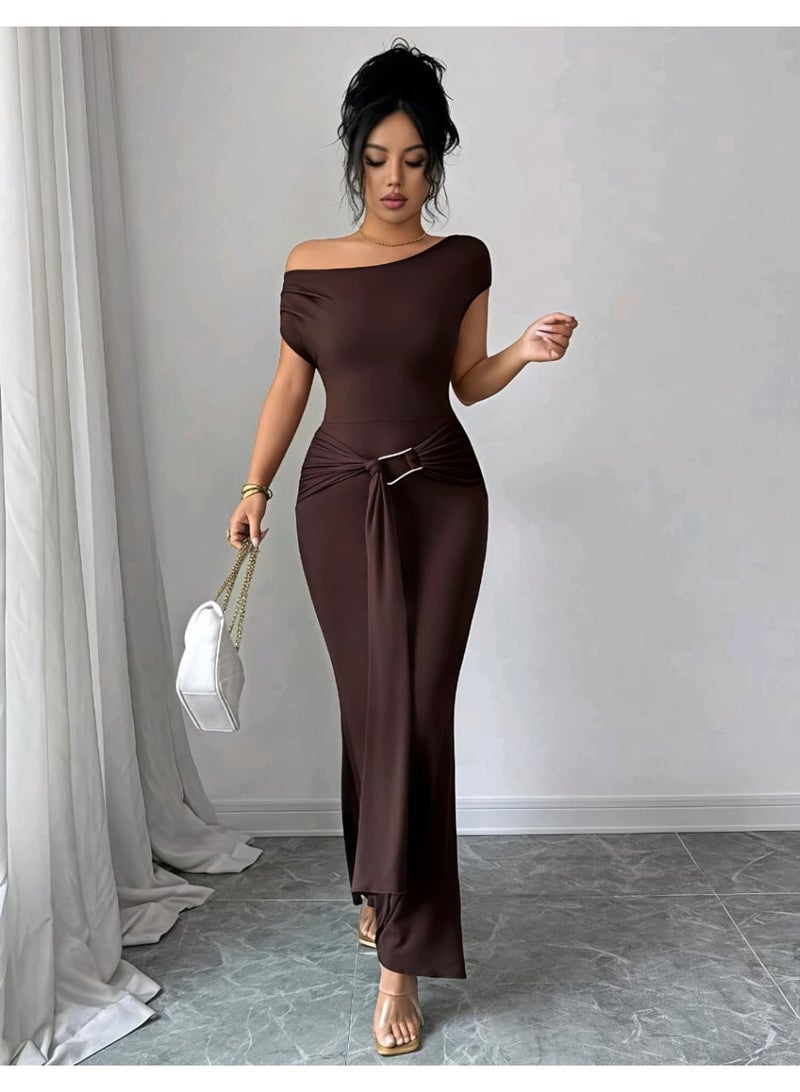 SHEIN  Minimalist Solid Color Asymmetric Collar Fitted Women Long Dresses - Image 4