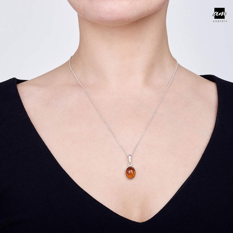 Amberta 925 Sterling Silver with Genuine Baltic Amber - Classic Oval Pendant for Women - Various Stone Colors - Image 3