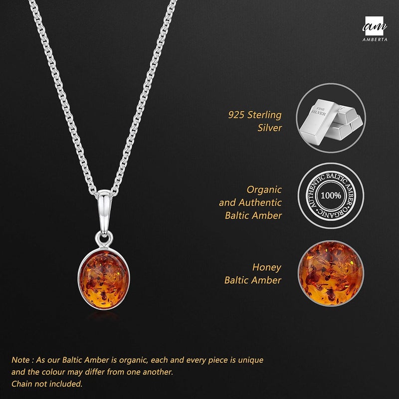 Amberta 925 Sterling Silver with Genuine Baltic Amber - Classic Oval Pendant for Women - Various Stone Colors - Image 2