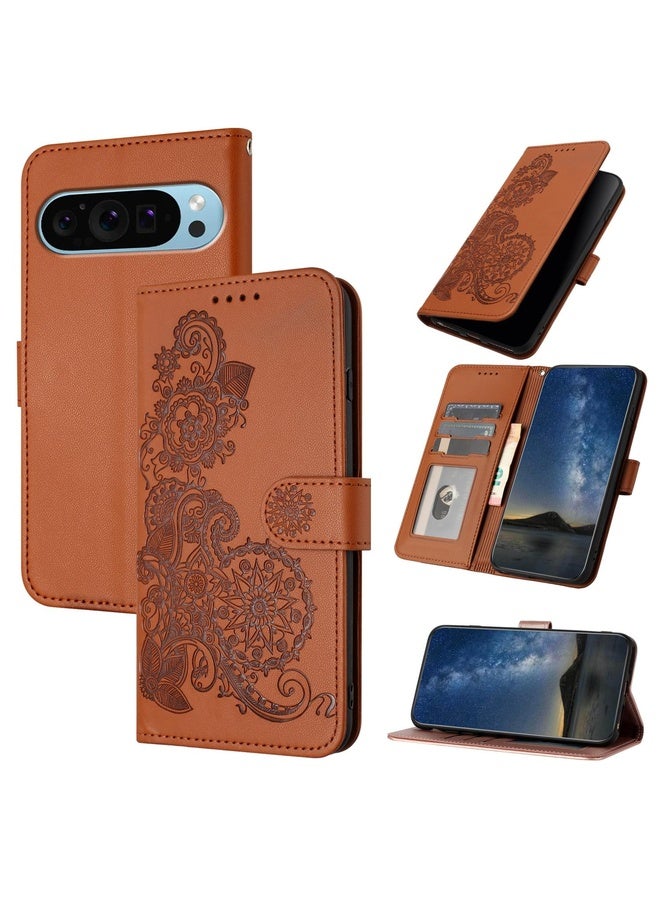 HuHa Case Cover For Google Pixel 9 Datura Flower Embossed Flip Leather Phone Case(Brown) - Image 1