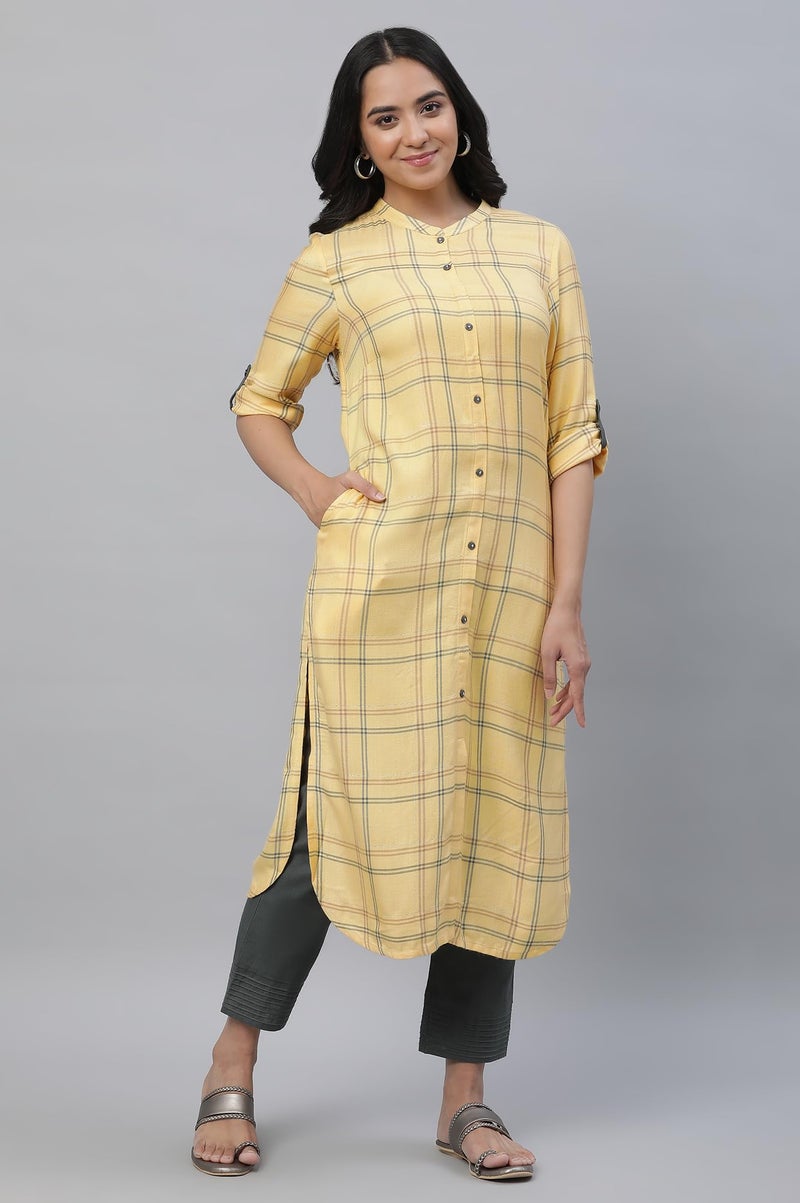 Aurelia Women's Pale Yellow Checks Yarn Dyed Rayon Twill Straight Kurta_23AUA14302-704342_XS - Image 2