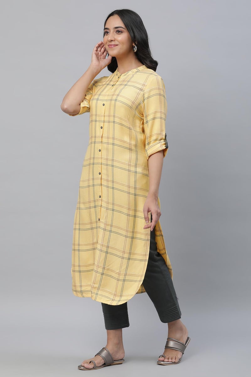 Aurelia Women's Pale Yellow Checks Yarn Dyed Rayon Twill Straight Kurta_23AUA14302-704342_XS - Image 3