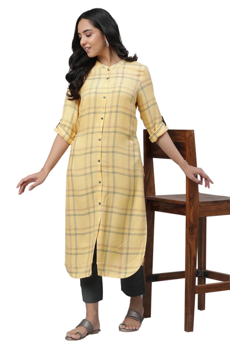 Aurelia Women's Pale Yellow Checks Yarn Dyed Rayon Twill Straight Kurta_23AUA14302-704342_XS - Image 1