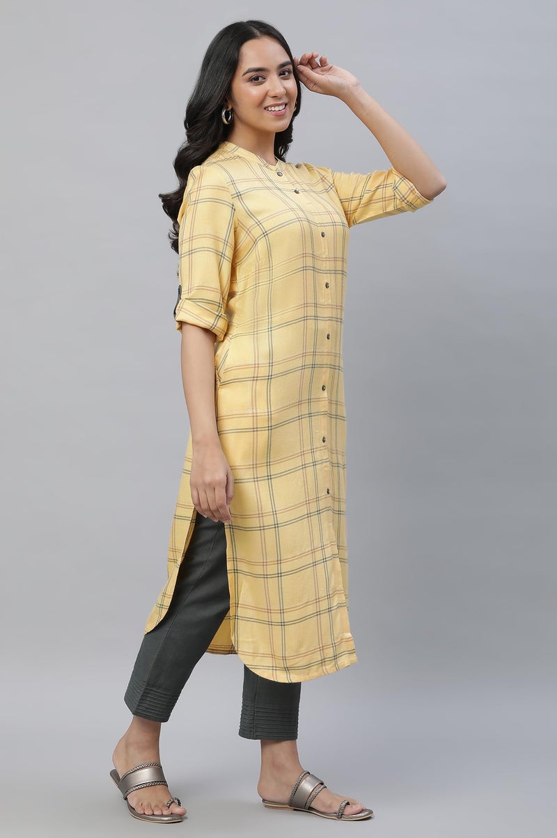 Aurelia Women's Pale Yellow Checks Yarn Dyed Rayon Twill Straight Kurta_23AUA14302-704342_XS - Image 5
