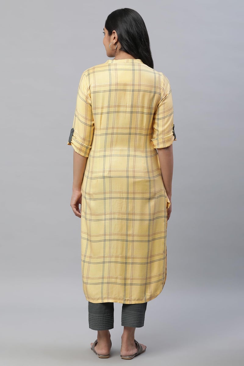 Aurelia Women's Pale Yellow Checks Yarn Dyed Rayon Twill Straight Kurta_23AUA14302-704342_XS - Image 4