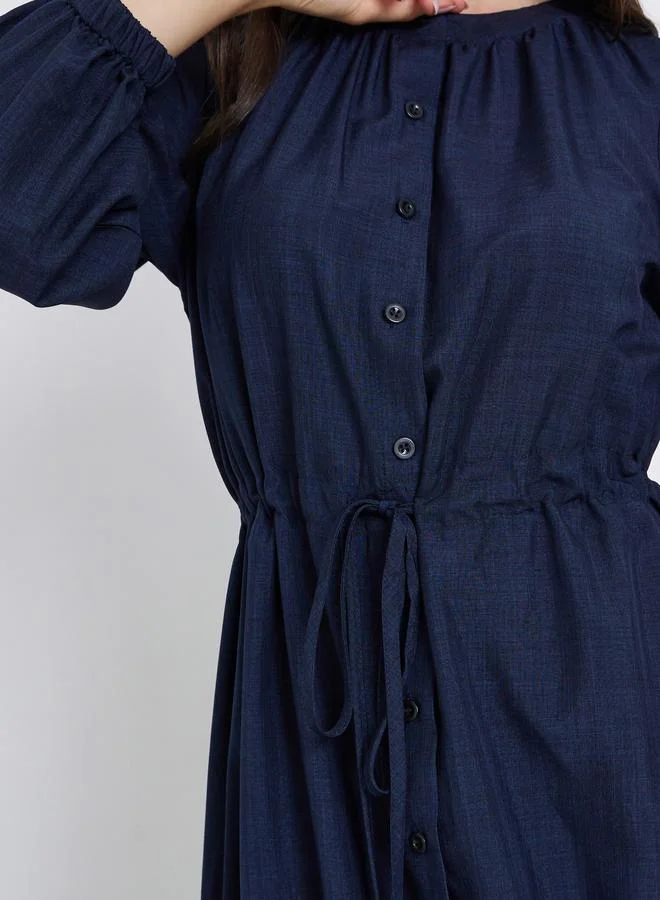 Styli Dark Blue Long Sleeve A-Line Midi Dress