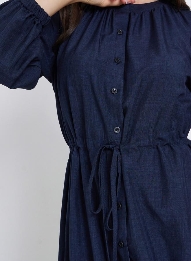 Styli Dark Blue Long Sleeve A-Line Midi Dress - Image 4