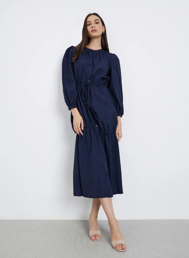Styli Dark Blue Long Sleeve A-Line Midi Dress