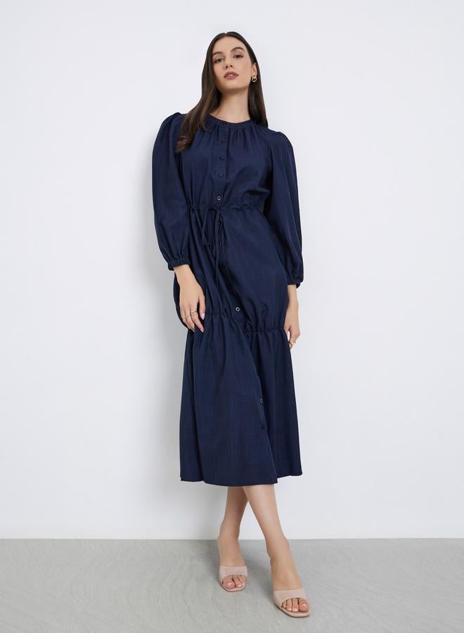 Styli Dark Blue Long Sleeve A-Line Midi Dress - Image 2