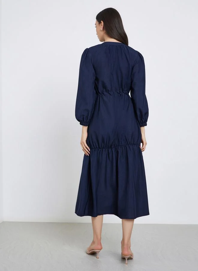 Styli Dark Blue Long Sleeve A-Line Midi Dress