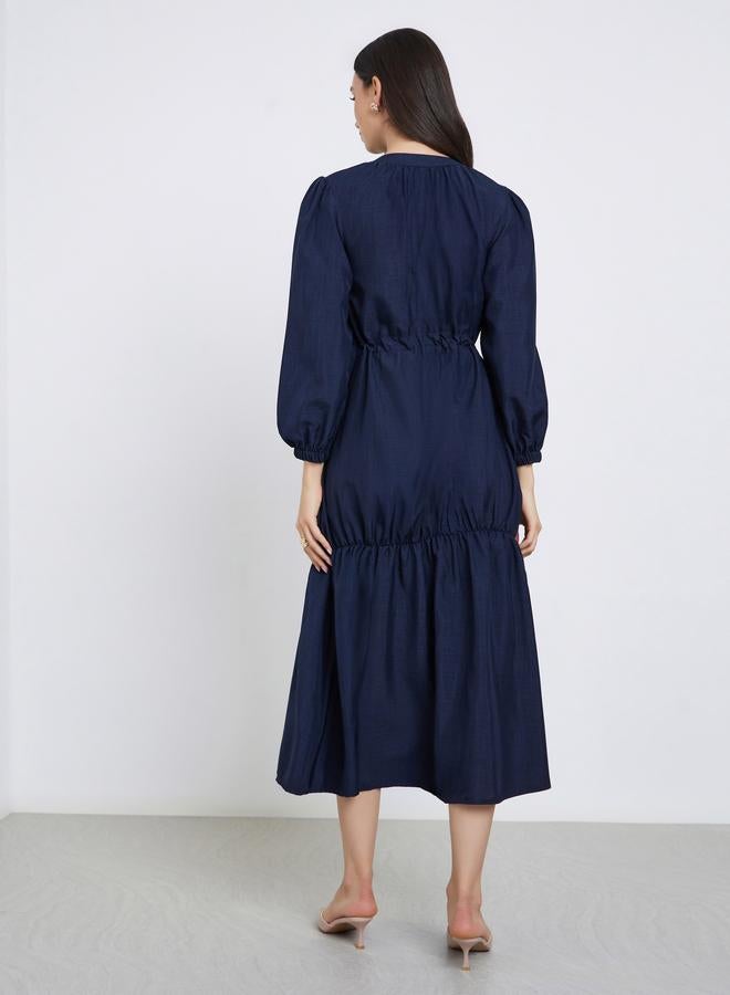 Styli Dark Blue Long Sleeve A-Line Midi Dress - Image 5