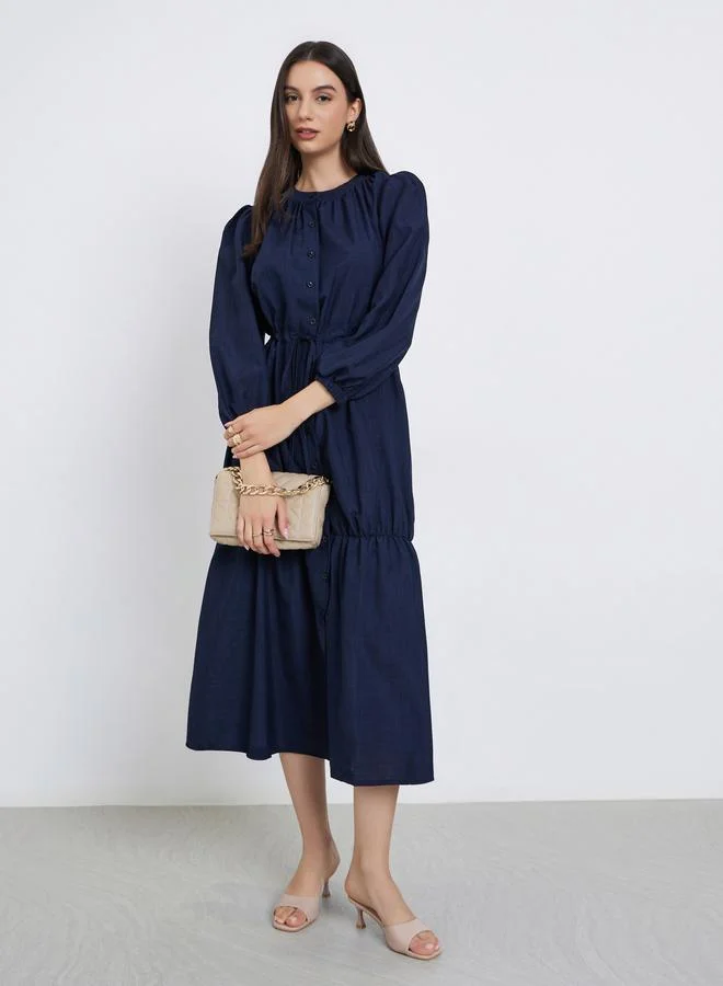 Dark Blue Long Sleeve A-Line Midi Dress