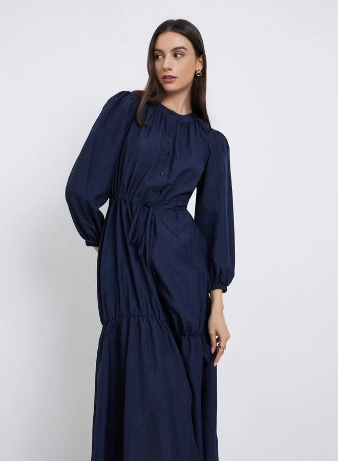 Styli Dark Blue Long Sleeve A-Line Midi Dress