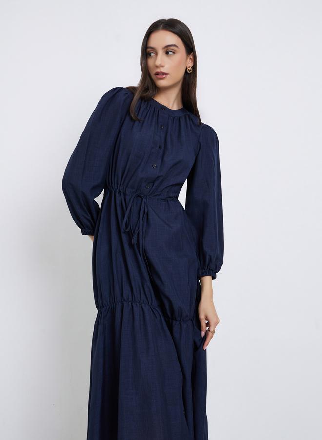 Styli Dark Blue Long Sleeve A-Line Midi Dress - Image 3