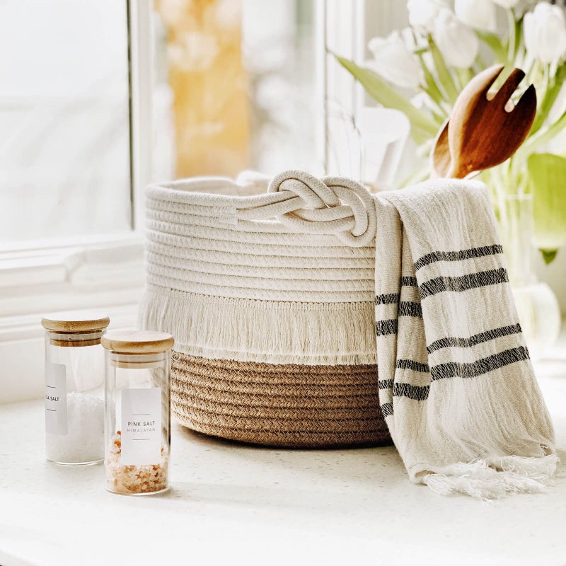 CherryNow Small Woven Storage Baskets Cotton and Jute Rope Decorative Hamper for Diaper, Blankets, Magazine and Keys, Cute Tassel Nursery Decor - Home Storage Container - 9.5'' x 7'' - Image 5