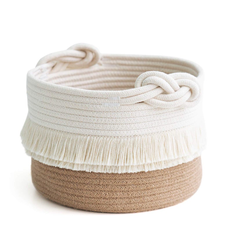 CherryNow Small Woven Storage Baskets Cotton and Jute Rope Decorative Hamper for Diaper, Blankets, Magazine and Keys, Cute Tassel Nursery Decor - Home Storage Container - 9.5'' x 7'' - Image 1