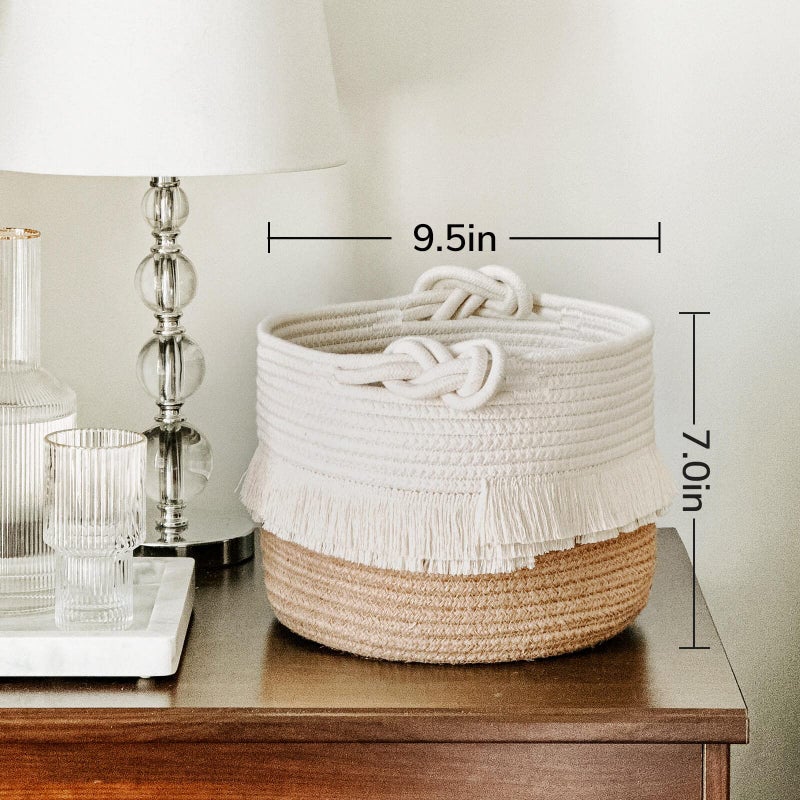 CherryNow Small Woven Storage Baskets Cotton and Jute Rope Decorative Hamper for Diaper, Blankets, Magazine and Keys, Cute Tassel Nursery Decor - Home Storage Container - 9.5'' x 7'' - Image 4