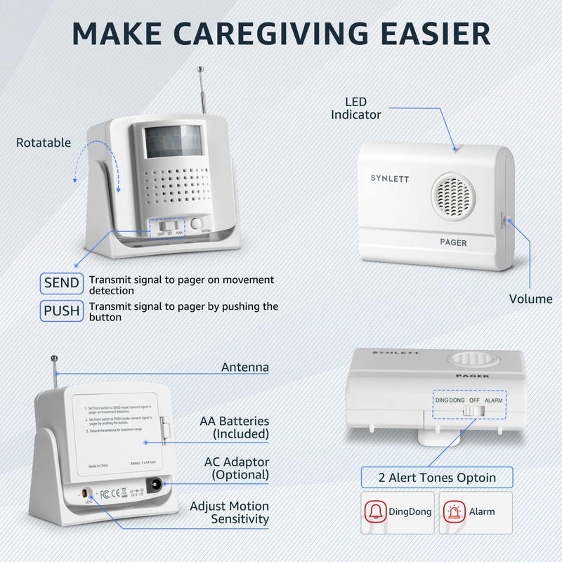 SYNLETT Caregiver Pager Wireless Call Buttons Motion Sensor Alarm Indoor for Elderly Monitoring Fall Prevention Bed Alarm Alert System Portable Nurse Call for Seniors Dementia Patients Emergency - Image 5