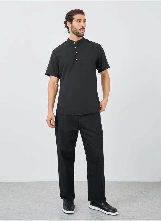 ستايلي Styli Mandarin Collar Half Placket Short Sleeve Slim Fit Shirt